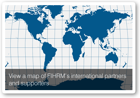 View a map of FIHRM's international partners and supporters Graphic displaying a map of the world overlaid with a grid.